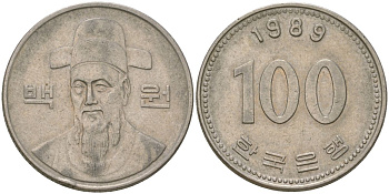 Южная Корея 100 вон 1989 Ли-Сунсин, корейский флотоводец KM 35.2 медно-никель 4187-833