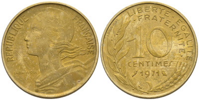 Франция 10 сантимов 1971 тип Марианна KM 929 медь алюминий никель 4594-1159