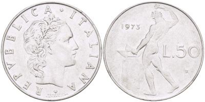 ИТАЛИЯ 50 ЛИР 1973 R, КУЗНЕЦ KM 95.1 нержавеющая сталь 4523-652