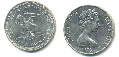 Остров Мэн 1 крона 1976 100 лет Конной железной дороге KM 38 медно-никель UNC 58-624