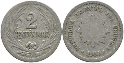 УРУГВАЙ 2 СЕНТЕСИМО 1901 KM 20 медно-никель 72-1142