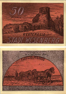 ВЕЗЕНБЕРГ 50 ПФЕННИГОВ 1922 НОТГЕЛЬД, МАЙ 1922, ЗЕМЛЯ МЕКЛЕНБУРГ Grabowski 1410.2 бумага 6318-33-1-1