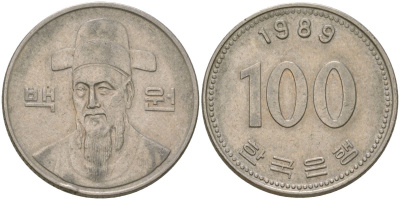 Южная Корея 100 вон 1989 Ли-Сунсин, корейский флотоводец KM 35.2 медно-никель 4187-833