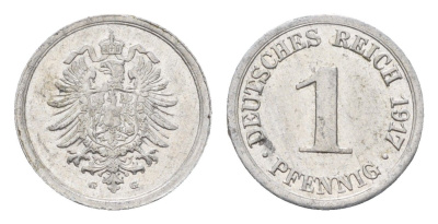 Германия 1 пфенниг 1917 G, Вильгельм II (1888-1918) KM 24, J. 300 алюминий 4630-852
