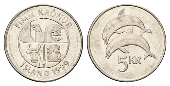 Исландия 5 крон 1999 дельфины KM 28a сталь плакированная никелем 4691-423