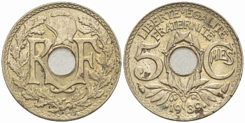 Франция 5 сантимов 1939 (.1939.), тип Линдауэр KM 875а, Le Franc 123.5 никель-бронза 105-415