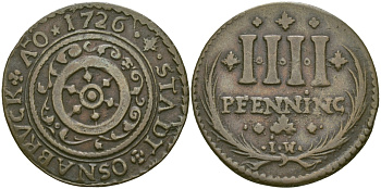 Оснабрюк 4 пфеннига 1726 KM 13, Kennepohl 480 медь 65-643