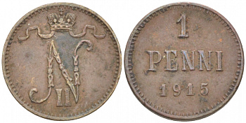 РОССИЯ ДЛЯ ФИНЛЯНДИИ 1 ПЕННИ 1915 НИКОЛАЙ II KM 13, Биткин 475 медь 4396-1461