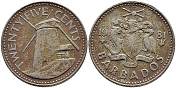 Барбадос 25 центов 1981 ветряная мельница Моргана Льюиса KM 13 медно-никель 4398-412