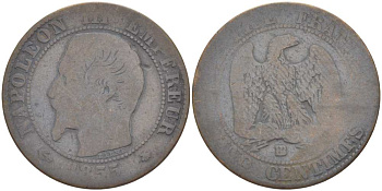 Франция 5 сантимов 1855 BB, Наполеон III (1852-1870) KM 777.3, LE FRANC 116.20 бронза 217-212