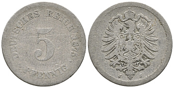 ГЕРМАНИЯ 5 ПФЕННИГОВ 1875 J, СТАРОГЕРБОВКА KM 3, J. 3 медно-никель 39-356