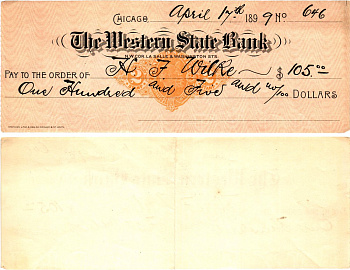 США чек на 105 долларов 1899 The Western State Bank, Чикаго бумага 6287-45-1-2