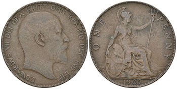 Великобритания 1 пенни 1907 Эдуард VII (1901-1910) KM 794.2, Spink 3990 бронза 221-1235