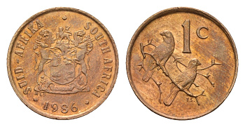 ЮАР 1 цент 1986 герб, капские воробьи, первый год KM 82 бронза UNC 4643-256