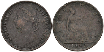Великобритания 1 фартинг 1892 Виктория (1837-1901) KM 753, Spink 3958 бронза 4596-1014