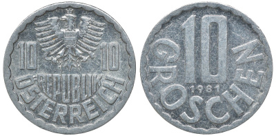 АВСТРИЯ 10 ГРОШЕЙ 1981 KM 2878 алюминий 72-1344