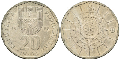 Португалия 20 эскудо 1988 KM 634 медно-никель 4148-526