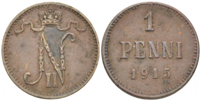 РОССИЯ ДЛЯ ФИНЛЯНДИИ 1 ПЕННИ 1915 НИКОЛАЙ II KM 13, Биткин 475 медь 4396-1461