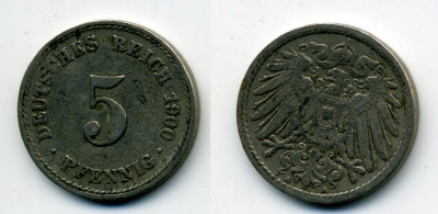 ГЕРМАНИЯ 5 ПФЕННИГОВ 1900 A, KM 11, J. 12 медно-никель 58-544