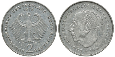 ФРГ 2 марки 1973 F, Теодор Хойс, 20 лет Федеративной Республике (1949-1969) KM A127, J. 407 медно-никель плакированный никелем плакированный никелем UNC 72-545