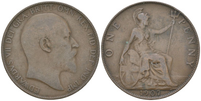 Великобритания 1 пенни 1907 Эдуард VII (1901-1910) KM 794.2, Spink 3990 бронза 221-1235