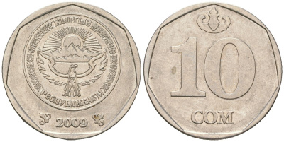 Киргизия 10 сомов 2009 KM 43 сталь плакированная никелем 4616-931