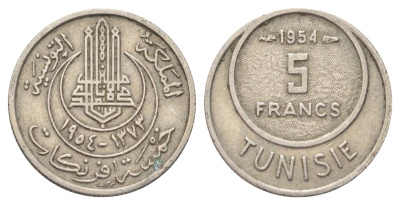 Тунис 5 франков 1954 KM 277 медно-никель 4392-351