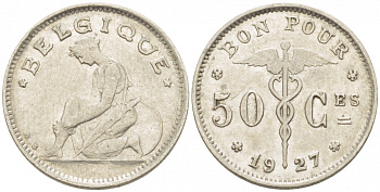 БЕЛЬГИЯ 50 САНТИМОВ 1927 BELGIQUE KM 87 никель 261-1617