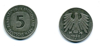 ФРГ 5 МАРОК 1988 D, KM 140.1, J. 415 медно-никель плакированный никелем 21-053