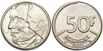 БЕЛЬГИЯ 50 ФРАНКОВ 1989 BELGIQUE, БОДУЭН I (1951-1993) KM 168 никель 119-854