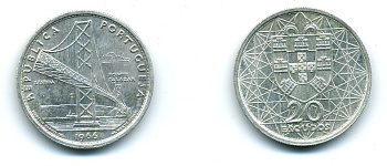 ПОРТУГАЛИЯ 20 ЭСКУДО 1966 МОСТ KM 592 серебро 7-5-44-23