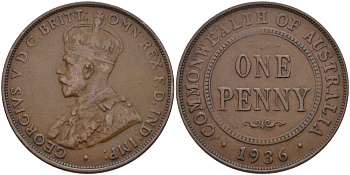АВСТРАЛИЯ 1 ПЕННИ 1936 ГЕОРГ V (1910-1936) KM 23 бронза 82-736