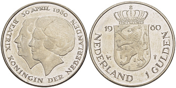 Нидерланды 1 гульден 1980 на коронацию Беатрикс, 30 апреля 1980 KM 200 никель 31-841