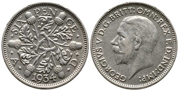 Великобритания 6 пенсов 1934 Георг V (1910-1936) KM 832, Spink 4041 серебро 1518-813