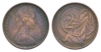 Австралия 2 цента 1967 Елизавета II (1952-2022), плащеносная ящерица KM 63 бронза 4655-1231