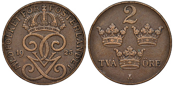 Швеция 2 эре 1925 Густав V (1907-1950) KM 778 бронза 113-723