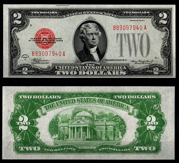 США 2 доллара 1928 Президент Томас Джефферсон. Монтичелло (резиденция Джефферсона недалеко от Вашингтона). Красная печать Pick 378 c, Fr. 1504 бумага aUNC 451-1276-2