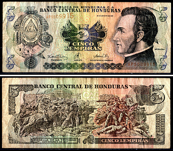 Гондурас 5 лемпира 2001 Pick 85b бумага 3295-27-1-2