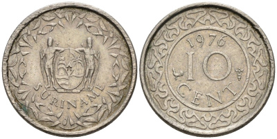 Суринам 10 центов 1976 KM 13 медно-никель 4585-853