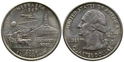 США 25 центов (квотер) 2006 Р, серия штаты США, Небраска KM 383 медь плакированная медно-никелем 56-415