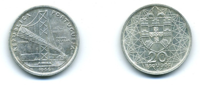 ПОРТУГАЛИЯ 20 ЭСКУДО 1966 МОСТ KM 592 серебро 7-5-44-23