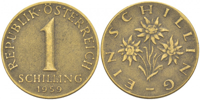 Австрия 1 шиллинг 1959 KM 2886 алюминиевая бронза 213-746