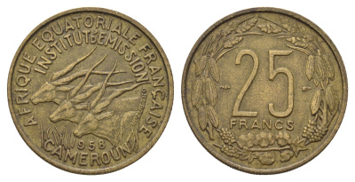 Французская Экваториальная Африка, Камерун 25 франков 1958 год-тип KM 12 алюминиевая бронза 4678-1043