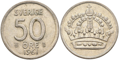 Швеция 50 эре 1961 TS, Густав VI Адольф (1950-1973) KM 825 серебро 4148-947