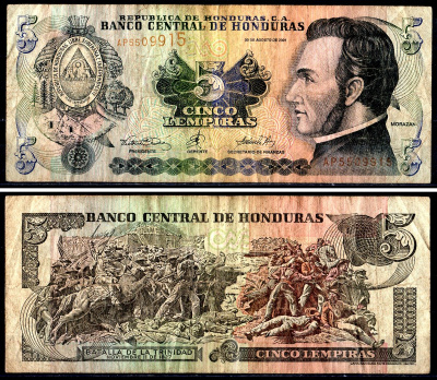 Гондурас 5 лемпира 2001 Pick 85b бумага 3295-27-1-2