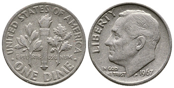 США 10 центов (дайм) 1967 Рузвельт KM 195а медь плакированная медно-никелем 177-1317