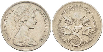 АВСТРАЛИЯ 5 ЦЕНТОВ 1969 ЕЛИЗАВЕТА II, МОЛОДОЙ ПОРТРЕТ, ЕХИДНА KM 64 медно-никель 4385-664