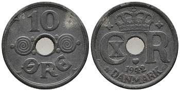 ДАНИЯ 10 ЭРЕ 1942 N; GJ, КРИСТИАН X (1912-1947) KM 822.2a цинк 66-122