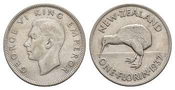 Новая Зеландия 2 шиллинга (флорин) 1937 Георг VI (1936-1952), птичка киви KM 10 серебро 5010-1241