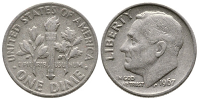 США 10 центов (дайм) 1967 Рузвельт KM 195а медь плакированная медно-никелем 177-1317